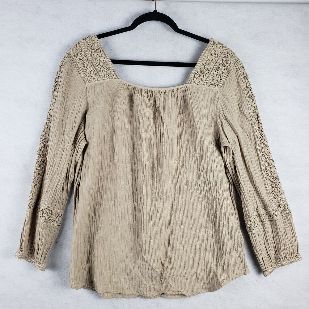 Soft Surroundings L Long Sleeve Peasant Blouse‎ Tan Beige Lace Trim Prairie